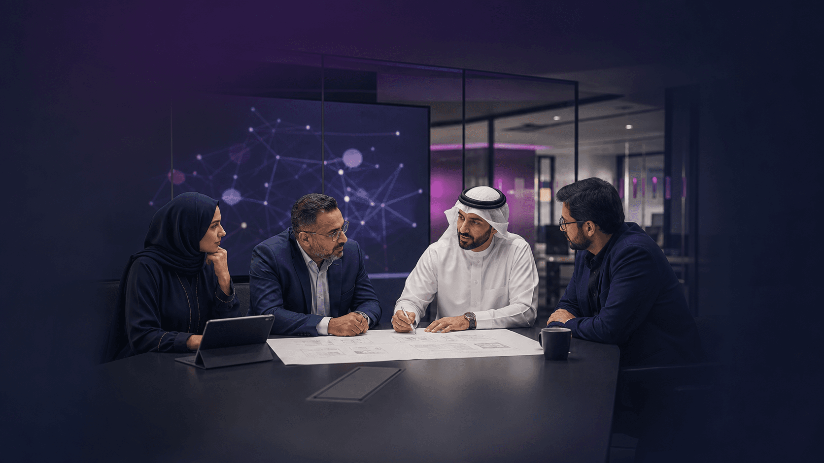 فريق أعمال وتقنية يناقش مخططاً لحل مؤسسي