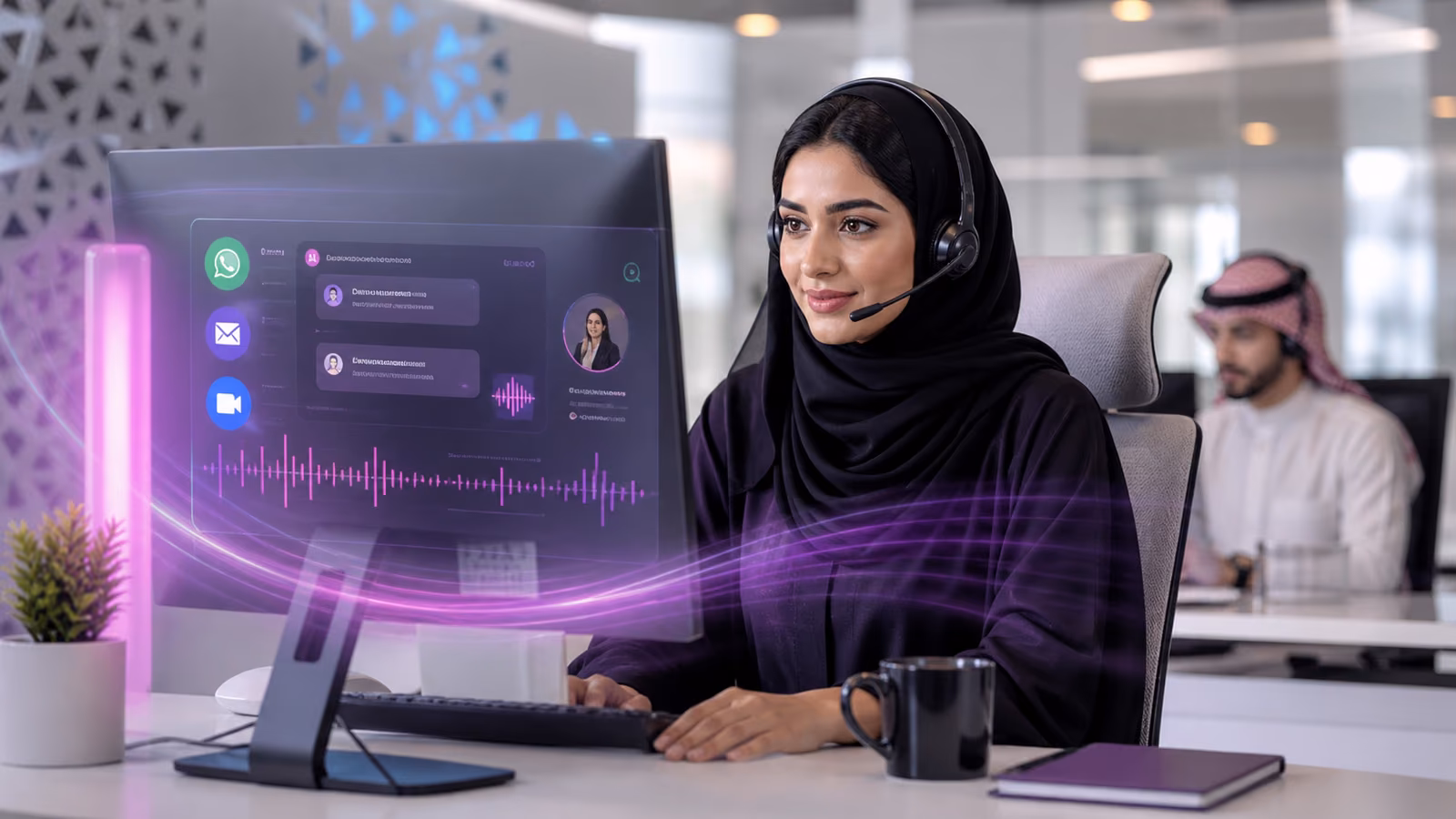 Gulf Arab contact-centre specialist supervising an AI-assisted customer conversation