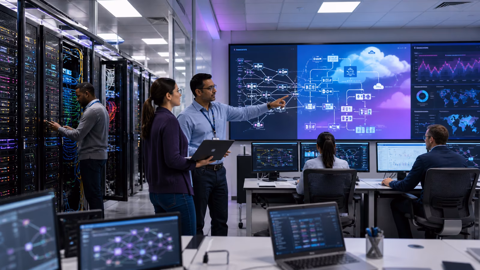 Cloud architects coordinating a controlled hybrid-cloud migration across physical and cloud systems